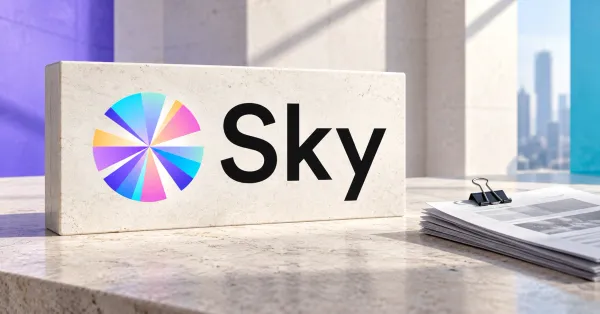 Large official multicolor Sky fan and black Sky wordmark on an off-white stone sign beside an unbranded greyscale credit dossier and metal binder clip, against violet and cyan editorial panels.