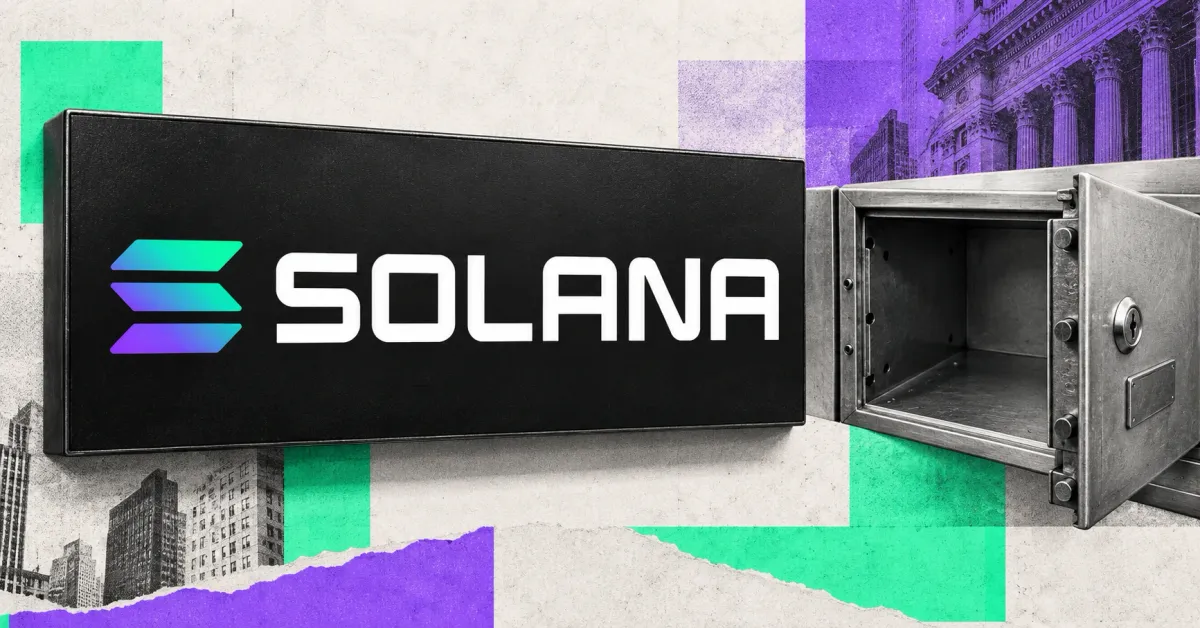 One large official Solana gradient logo and white SOLANA wordmark on a charcoal sign beside a smaller unbranded greyscale open empty steel safe, against off-white, purple and mint editorial panels.
