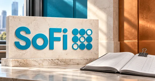 Large official cyan SoFi wordmark and nine-dot emblem on an ivory stone bank sign beside an unbranded greyscale open financial ledger and metal binder clip.