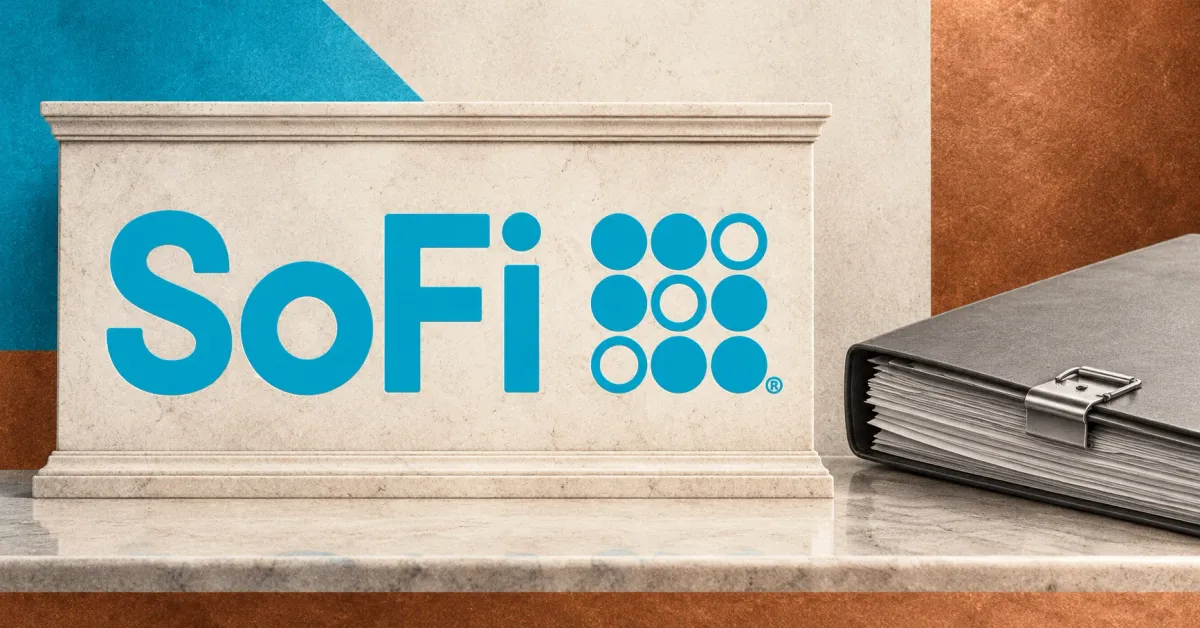 Large official cyan SoFi wordmark and nine-dot emblem on a frontal ivory bank sign beside an unbranded greyscale deposit-document folder, with off-white, cyan and copper panels.
