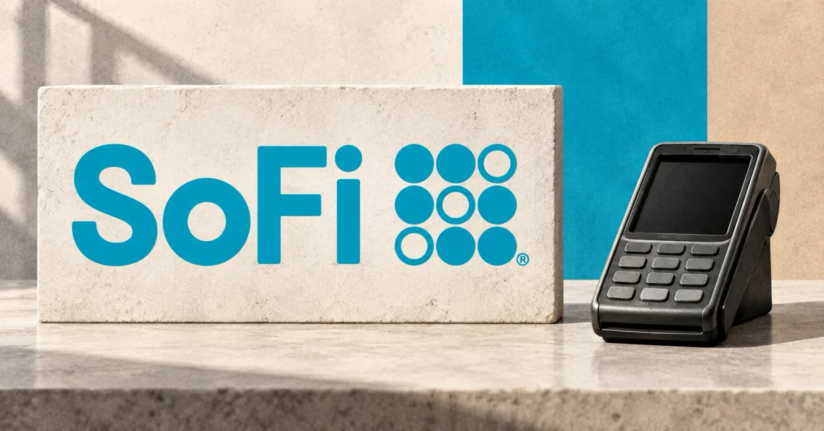 Large official cyan SoFi wordmark and nine-dot emblem on an off-white stone plaque beside an unbranded greyscale payment terminal, against cyan and sand panels.