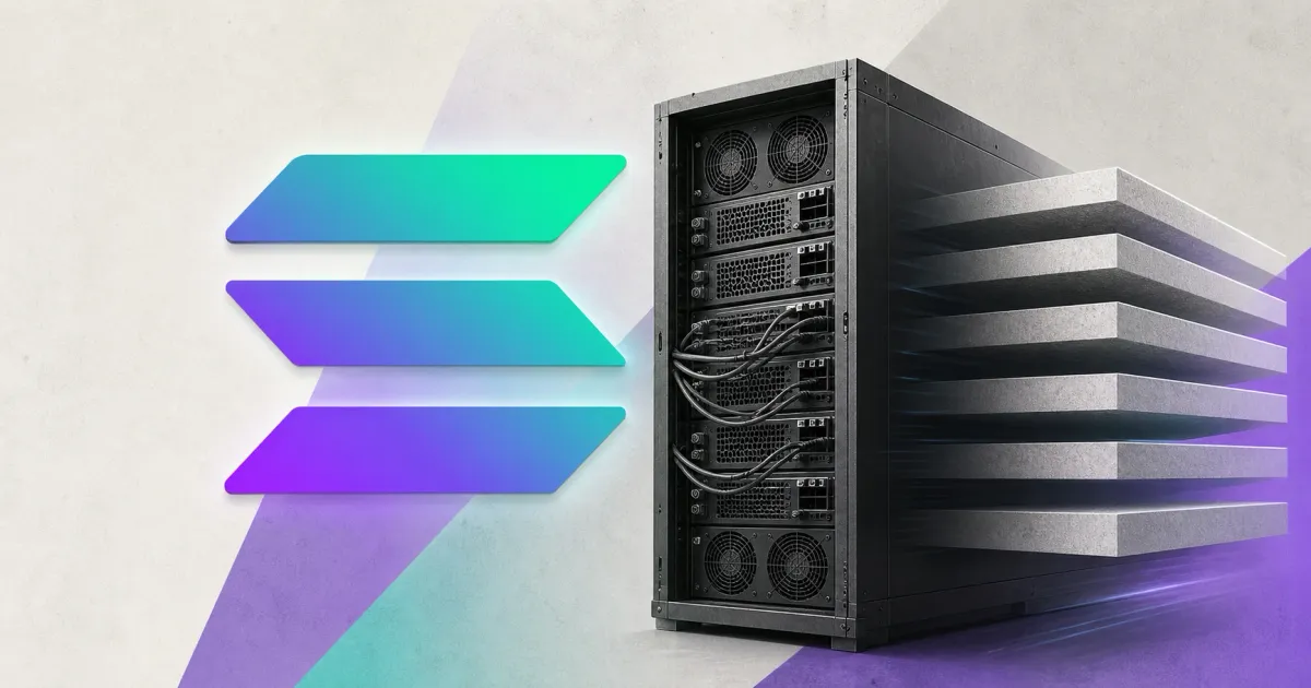 Large official Solana gradient mark beside a greyscale validator server rack and expanding unbranded data-block slabs on off-white violet and turquoise editorial panels.