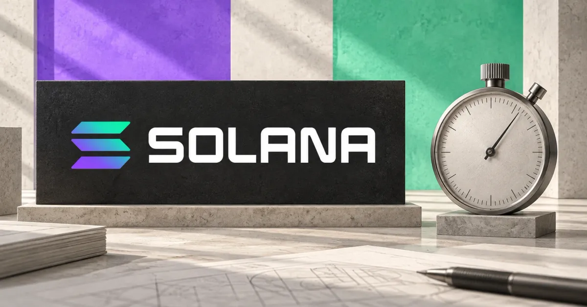 One large official Solana gradient emblem and white SOLANA wordmark on a charcoal sign beside an unbranded greyscale mechanical timing instrument, against off-white, violet and green architectural panels.