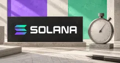 One large official Solana gradient emblem and white SOLANA wordmark on a charcoal sign beside an unbranded greyscale mechanical timing instrument, against off-white, violet and green architectural panels.