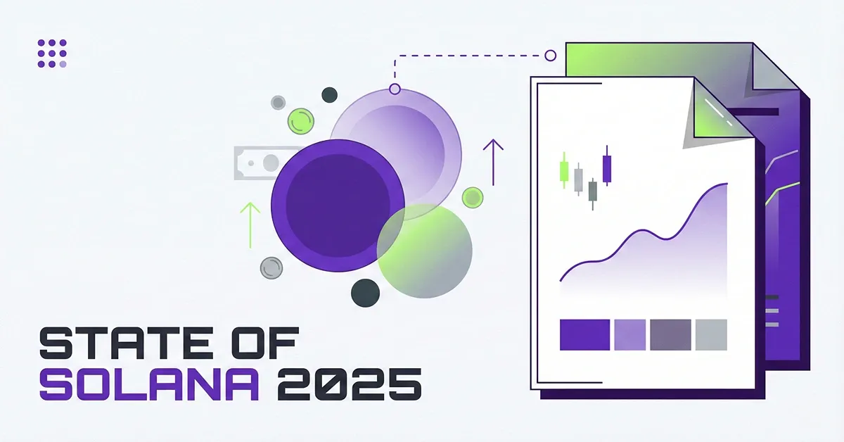 State of Solana 2025 cover art with purple charts and up arrows highlighting throughput and performance
