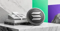 Greyscale Solana token, stock certificates and tokenized asset blocks on mint, violet and steel editorial panels representing Solana RWA growth.