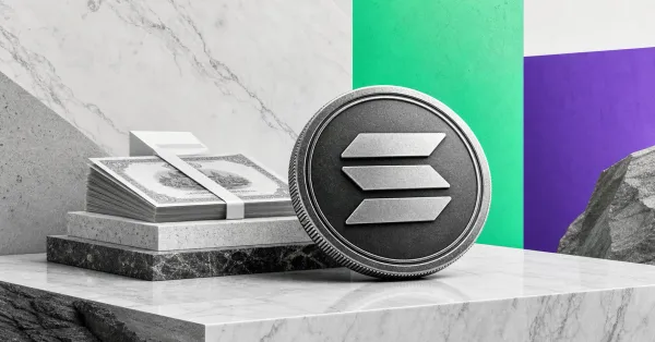 Greyscale Solana token, stock certificates and tokenized asset blocks on mint, violet and steel editorial panels representing Solana RWA growth.