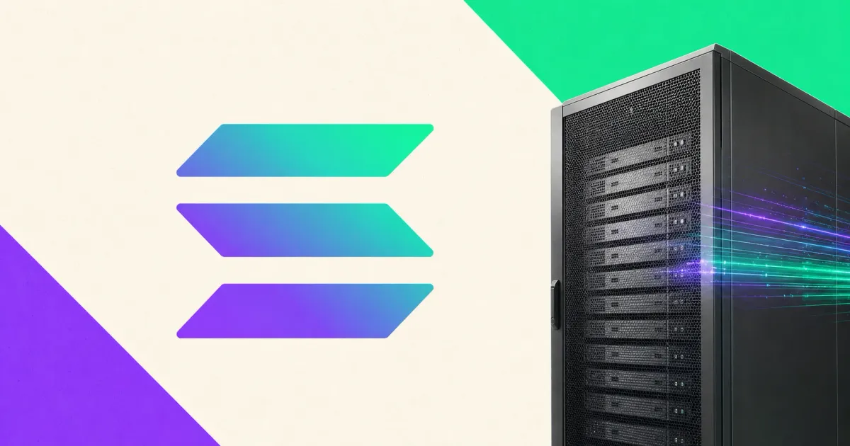 Large official Solana gradient logomark on an off-white editorial panel beside a greyscale unbranded validator server rack with purple and green data-light streaks.