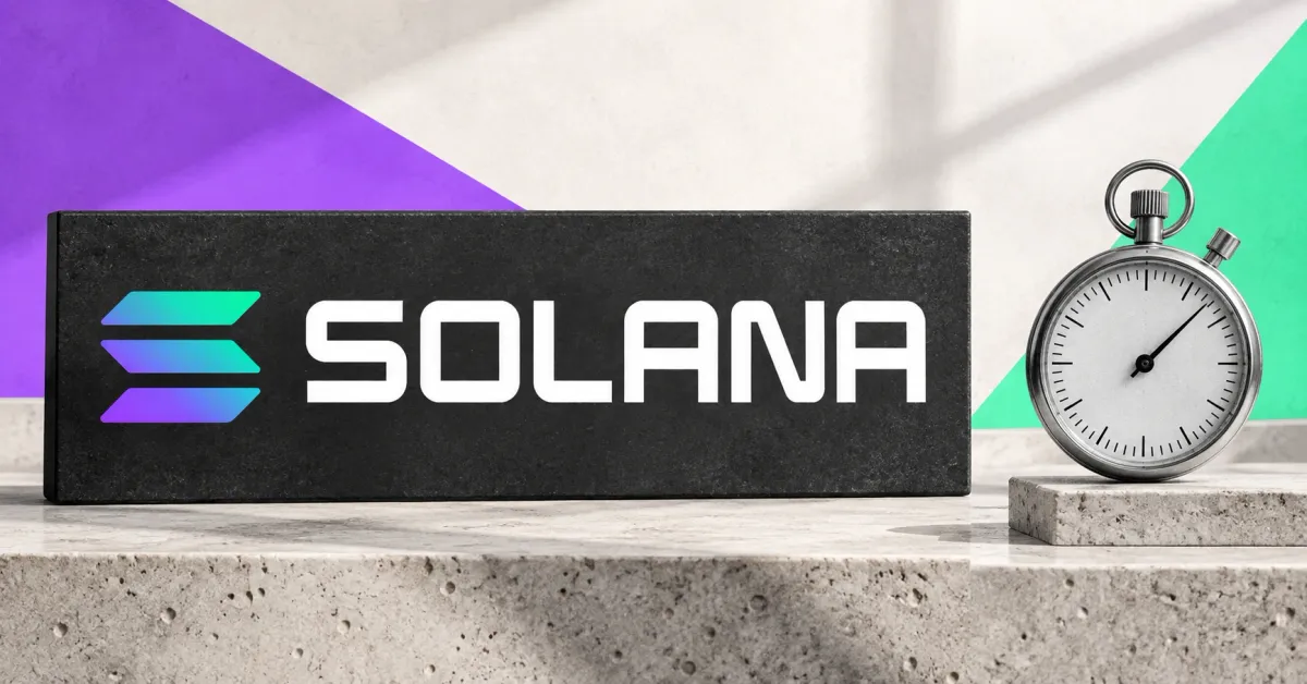 One large official Solana gradient emblem and white SOLANA wordmark on a charcoal sign beside an unbranded greyscale mechanical stopwatch, against off-white, purple and green panels.