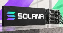 Large official Solana gradient emblem and white SOLANA wordmark on a charcoal sign beside an unbranded greyscale validator test-bench server with cables, against purple and mint panels.