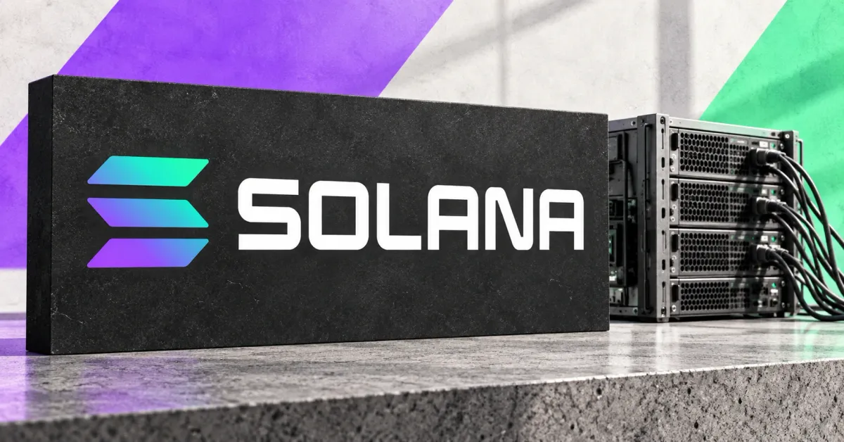 Large official Solana gradient emblem and white SOLANA wordmark on a charcoal sign beside an unbranded greyscale validator test-bench server with cables, against purple and mint panels.