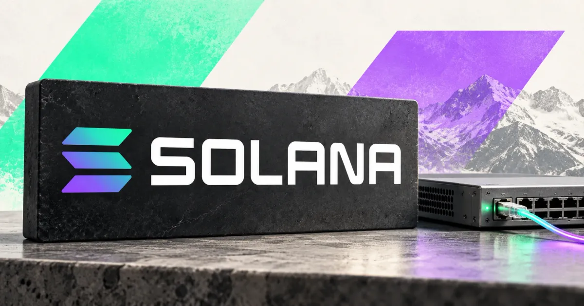 One large official Solana gradient emblem and white SOLANA wordmark on a charcoal stone sign beside a smaller unbranded greyscale network switch with a connected cable, against mint and violet panels and mountain imagery.