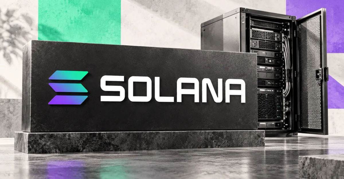 Large official Solana gradient emblem and white SOLANA wordmark on a charcoal stone sign beside an unbranded greyscale validator server with its door open, against off-white, mint and violet panels.