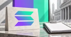 Large official purple, cyan and green Solana logomark on an off-white stone desk sign beside an unbranded securities folio with blank papers and a metal clip, against violet and mint panels and greyscale financial-district architecture.