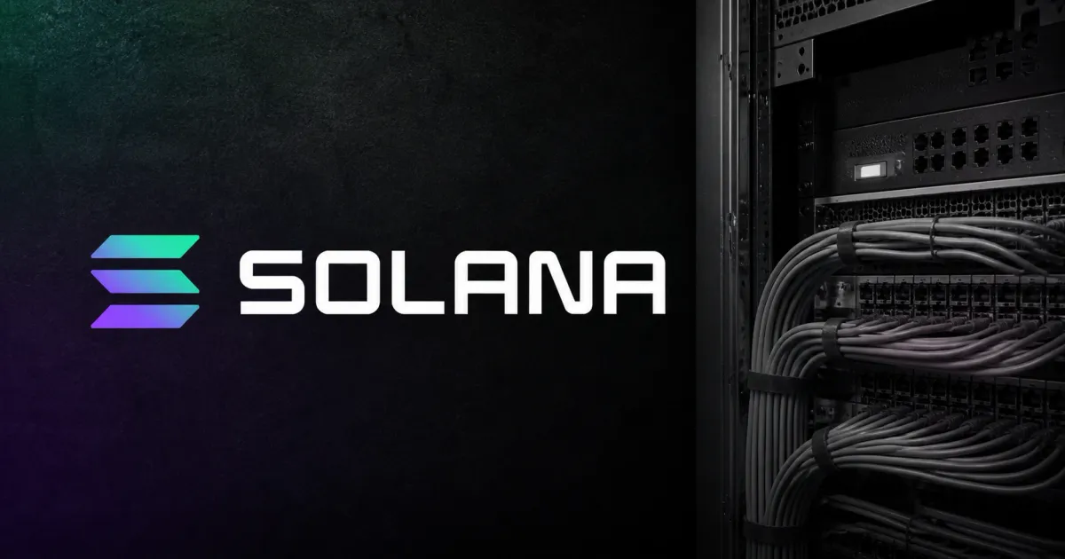 Large official Solana gradient logo and wordmark beside a greyscale unbranded data-center routing cabinet with bundled network cables on charcoal, violet and mint editorial panels.