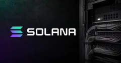 Large official Solana gradient logo and wordmark beside a greyscale unbranded data-center routing cabinet with bundled network cables on charcoal, violet and mint editorial panels.