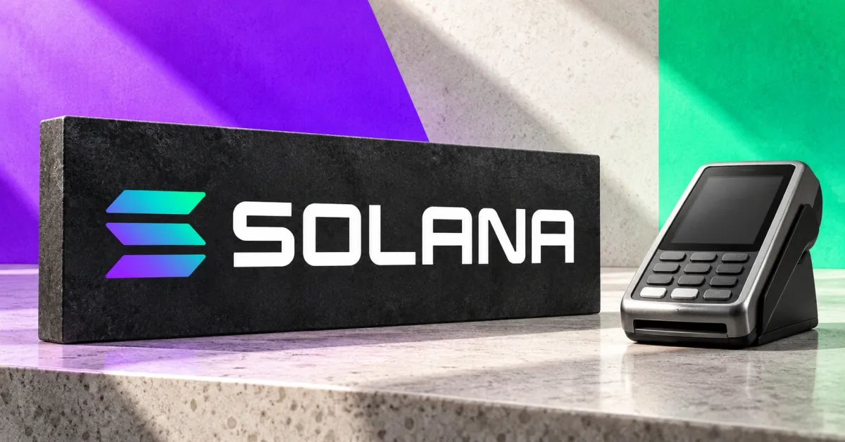 Large official Solana gradient emblem and white SOLANA wordmark on a charcoal sign beside an unbranded greyscale payment terminal with a blank screen, against off-white, purple and green panels.