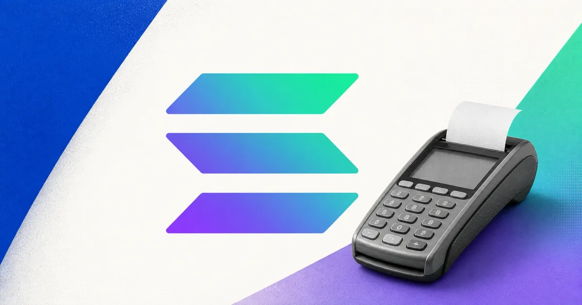 Official Solana logo in its purple-to-green gradient beside a greyscale unbranded payment terminal on blue and violet editorial panels.