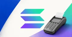 Official Solana logo in its purple-to-green gradient beside a greyscale unbranded payment terminal on blue and violet editorial panels.