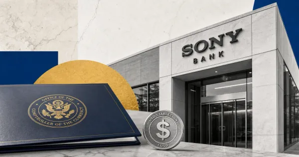 Sony Bank building, OCC approval folder and USD stablecoin coin, representing Sony Bank's Connectia Trust stablecoin charter approval.