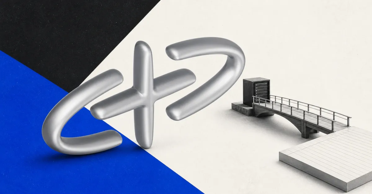Large official metallic Sophon plus-symbol logo beside a greyscale bridge linking a server cabinet and blank ledger platform, illustrating SOPH's move off the Sophon chain.