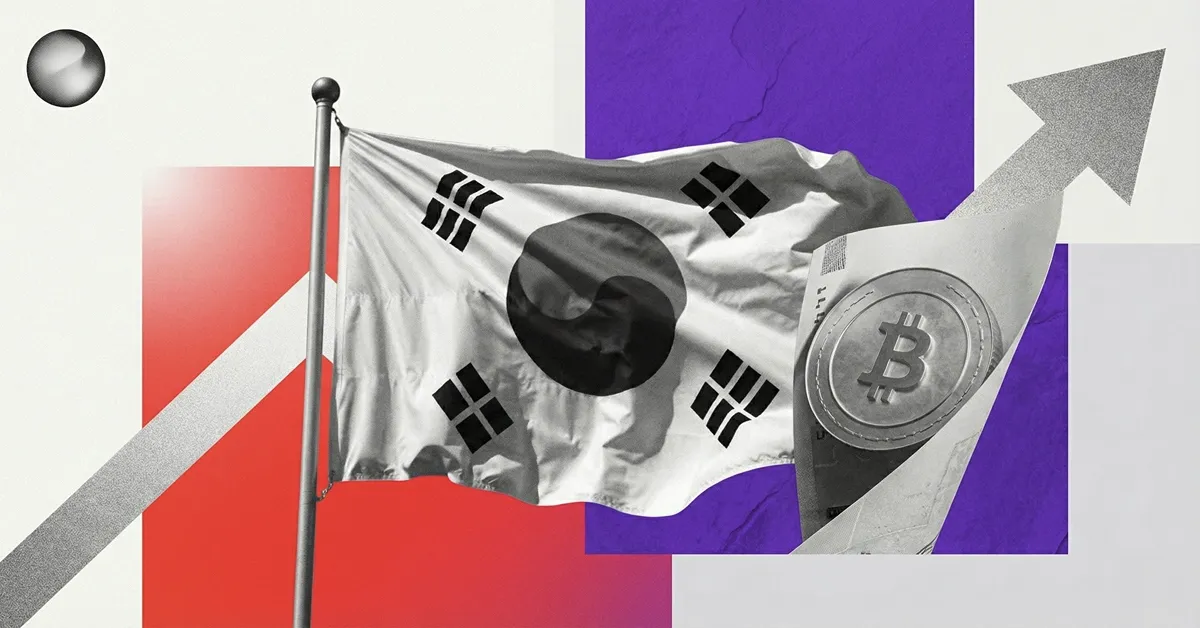 South Korean flag with a Bitcoin coin and upward arrow on a purple and red backdrop, illustrating South Korea’s growing influence on Bitcoin markets