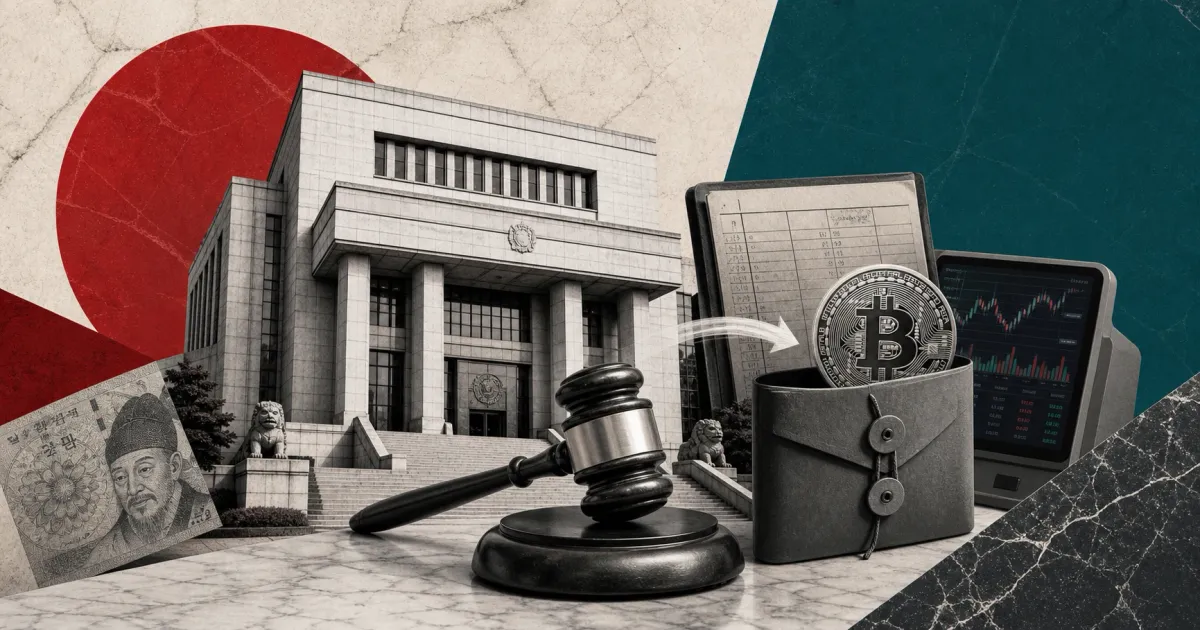 Greyscale South Korean courthouse, judge gavel, Bitcoin evidence wallet, exchange ledger and trading terminal on red and teal editorial panels.