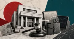Greyscale South Korean courthouse, judge gavel, Bitcoin evidence wallet, exchange ledger and trading terminal on red and teal editorial panels.