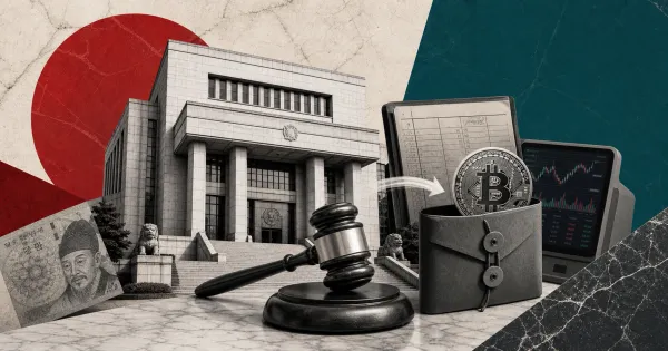 Greyscale South Korean courthouse, judge gavel, Bitcoin evidence wallet, exchange ledger and trading terminal on red and teal editorial panels.