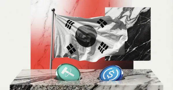 South Korea flag with USDC and Tether stablecoin icons, representing South Korea’s cryptocurrency regulation and stablecoin market developments