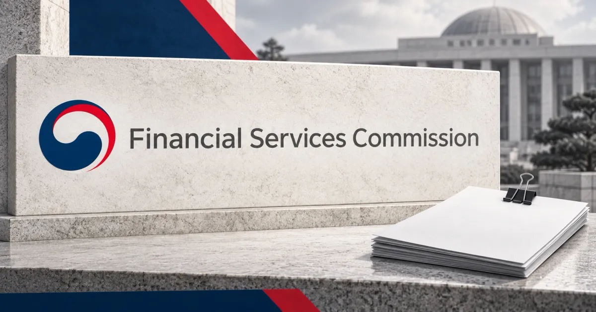 One large official navy and red Financial Services Commission emblem and English wordmark on an off-white stone sign beside unbranded greyscale securities paperwork and a metal binder clip, with navy and red panels and a blurred institutional building.