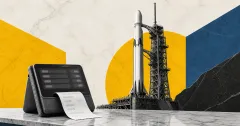 Greyscale rocket, crypto wallet terminal and refund receipt on yellow, steel blue and off-white editorial panels representing failed tokenized SpaceX IPO allocations.