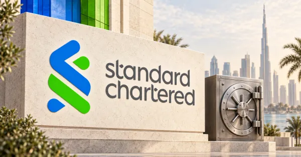 One large official blue and green Standard Chartered ribbon and grey wordmark on an off-white limestone sign beside an unbranded greyscale steel custody safe, with a faint Dubai skyline and cobalt and green architectural panels.