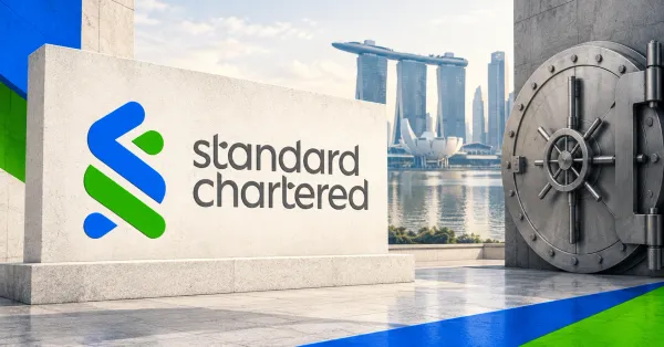 A large official blue-and-green Standard Chartered ribbon and grey two-line wordmark on an off-white stone sign beside an unbranded greyscale steel vault door, with Singapore's waterfront skyline and blue-and-green architectural panels.