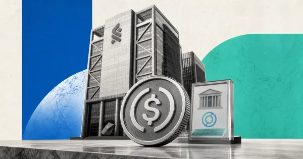 Greyscale Standard Chartered bank tower, USDC token and institutional treasury desk on blue, emerald and off-white editorial panels.