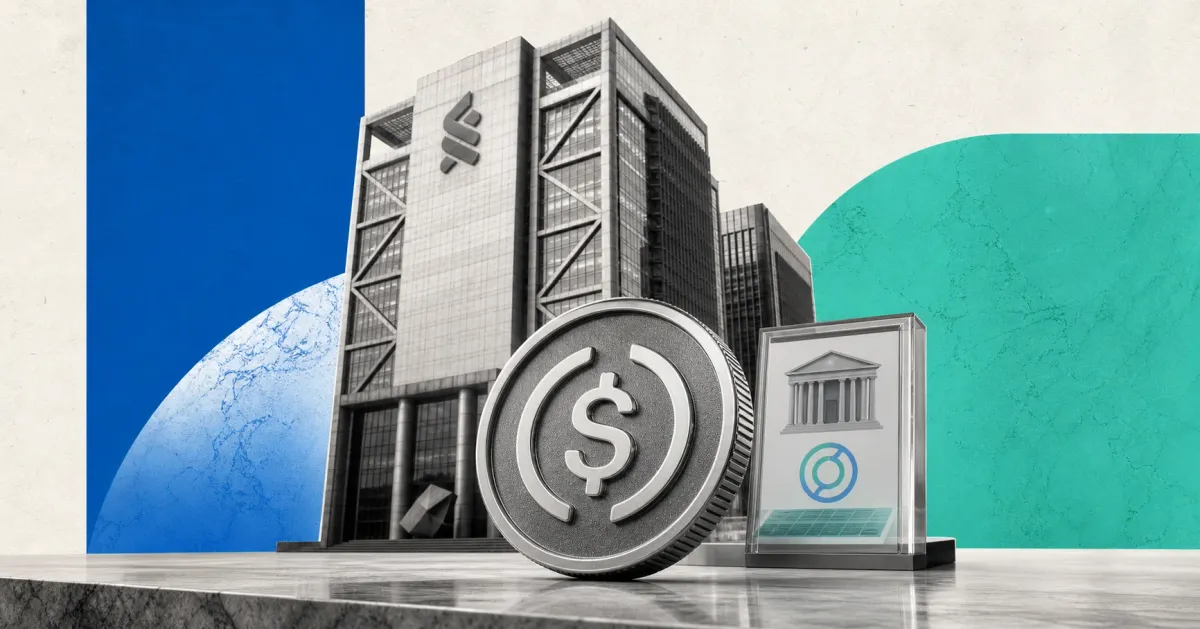 Greyscale Standard Chartered bank tower, USDC token and institutional treasury desk on blue, emerald and off-white editorial panels.