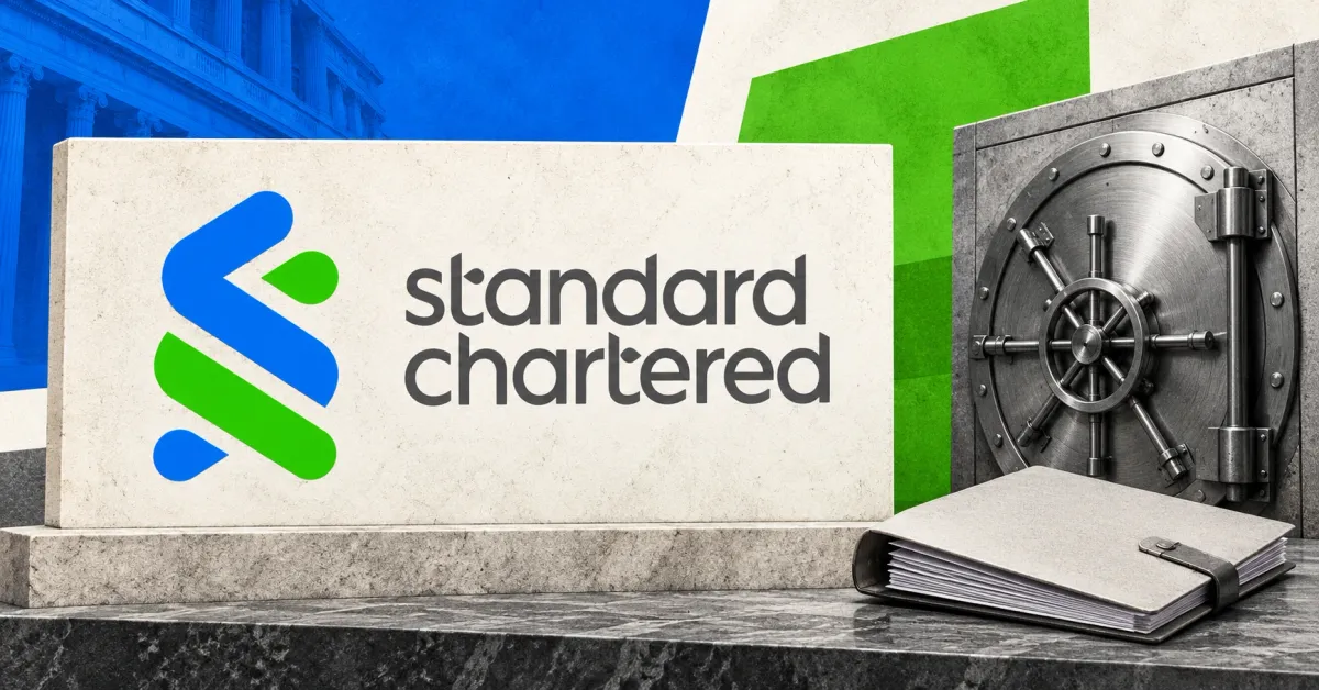 One large official blue-and-green Standard Chartered ribbon and grey two-line wordmark on an ivory stone sign beside a smaller unbranded greyscale custody vault and closed transaction folder, against blue and green panels.
