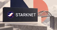 One large official navy and coral Starknet emblem with the white STARKNET wordmark on a charcoal stone sign beside an unbranded greyscale steel bridge between stone platforms, against off-white, navy and coral panels.