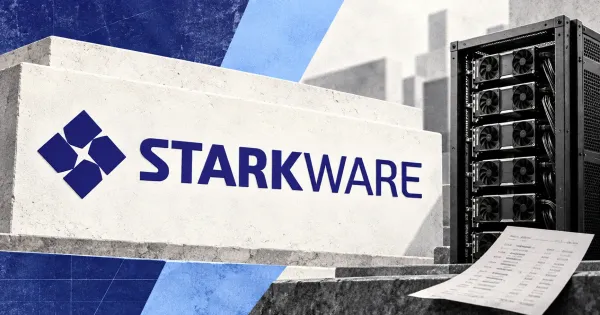 Large official navy StarkWare logo and wordmark on an off-white stone sign beside an unbranded greyscale GPU computing rack, against navy and pale-blue panels.