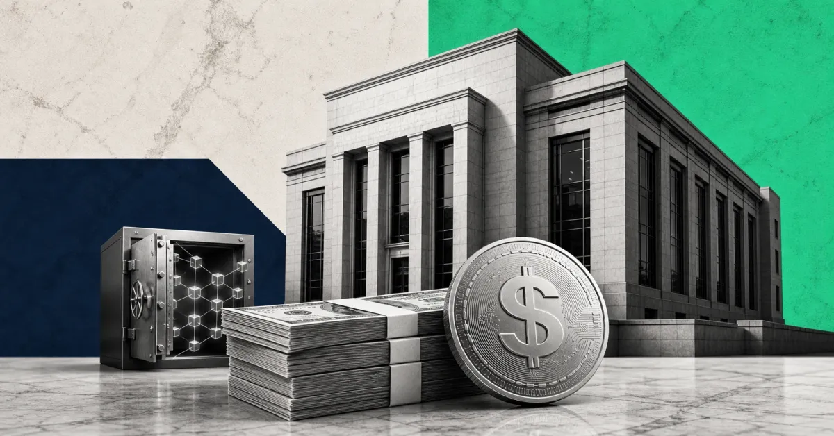 Greyscale institutional bank facade, Treasury bills, a dollar stablecoin token and secure vault on navy and mint editorial panels for State Street's stablecoin reserve fund.