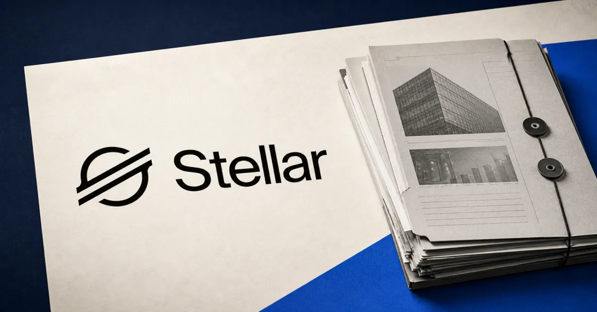 Official black Stellar logo beside a greyscale private-credit dossier on off-white, navy and electric-blue editorial panels.