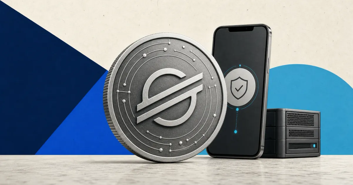 Greyscale Stellar coin, secure phone wallet and server node on navy, cobalt and off-white editorial panels, representing the Protocol 27 Zipper mainnet upgrade.