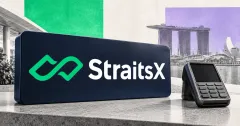Large official green StraitsX emblem and white StraitsX wordmark on a navy sign beside an unbranded greyscale payment terminal, with Singapore's waterfront behind emerald and lavender editorial panels.