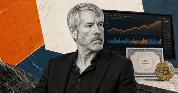 Greyscale Michael Saylor-style executive, Strategy market dashboard, STRC preferred-stock certificate and Bitcoin coin on orange, steel-blue and off-white editorial panels.