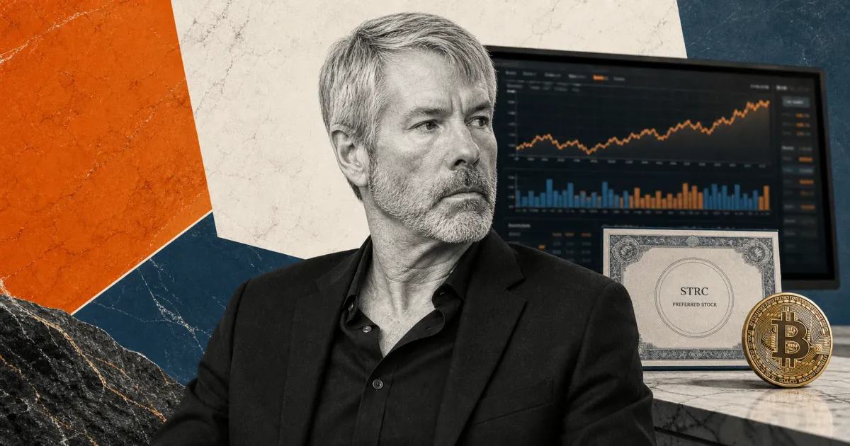 Greyscale Michael Saylor-style executive, Strategy market dashboard, STRC preferred-stock certificate and Bitcoin coin on orange, steel-blue and off-white editorial panels.