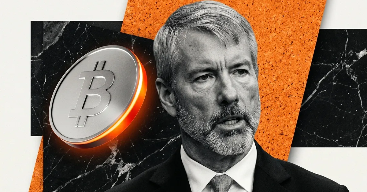 Bitcoin coin beside a grayscale portrait of Michael Saylor representing corporate Bitcoin accumulation and institutional BTC investment strategy