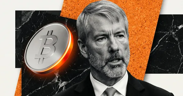 Bitcoin coin beside a grayscale portrait of Michael Saylor representing corporate Bitcoin accumulation and institutional BTC investment strategy