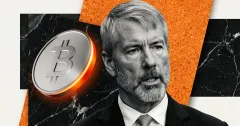 Bitcoin coin beside a grayscale portrait of Michael Saylor representing corporate Bitcoin accumulation and institutional BTC investment strategy