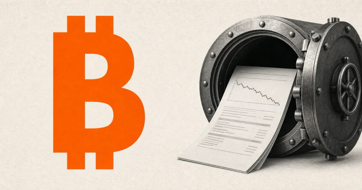 Large official orange Strategy B brand mark beside a greyscale quarterly financial statement emerging from an unbranded steel reserve vault on an off-white editorial background.