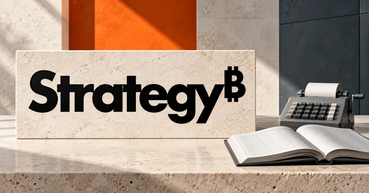 Large official black Strategy wordmark with its integral raised B on an ivory stone sign beside an unbranded greyscale mechanical calculator and open ledger, against orange and slate panels.